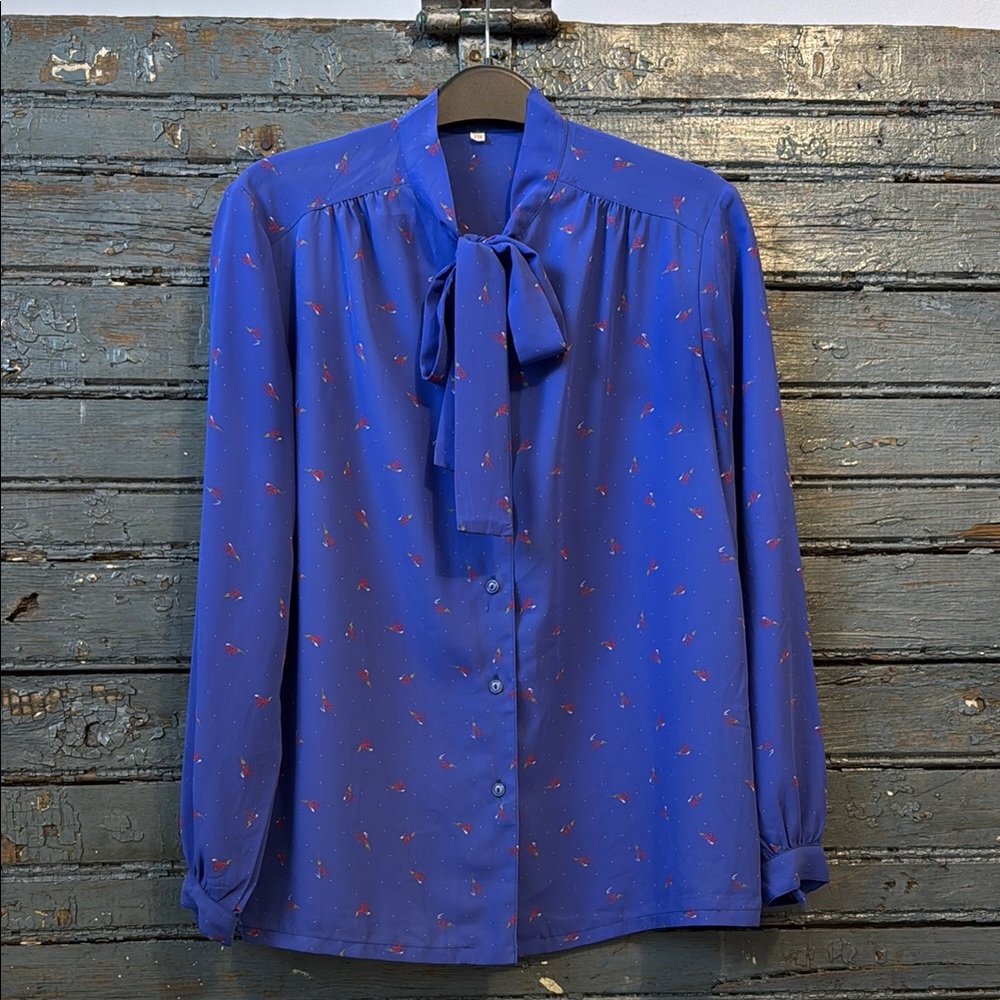 Vintage Blue Long Sleeve Blouse with Tie Front and Bib Collar
